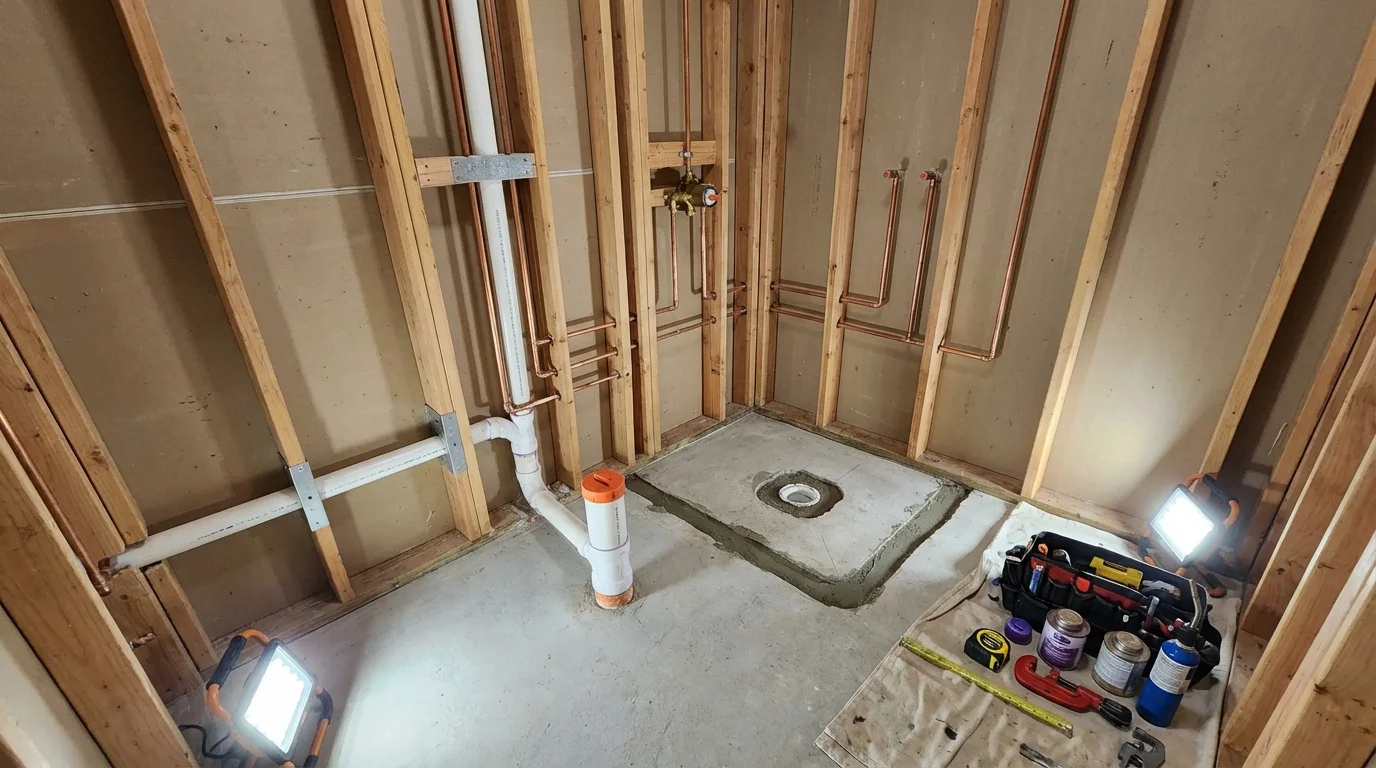 Bathroom rough-in plumbing during remodel by Johns Plumbing LLC in Kempner