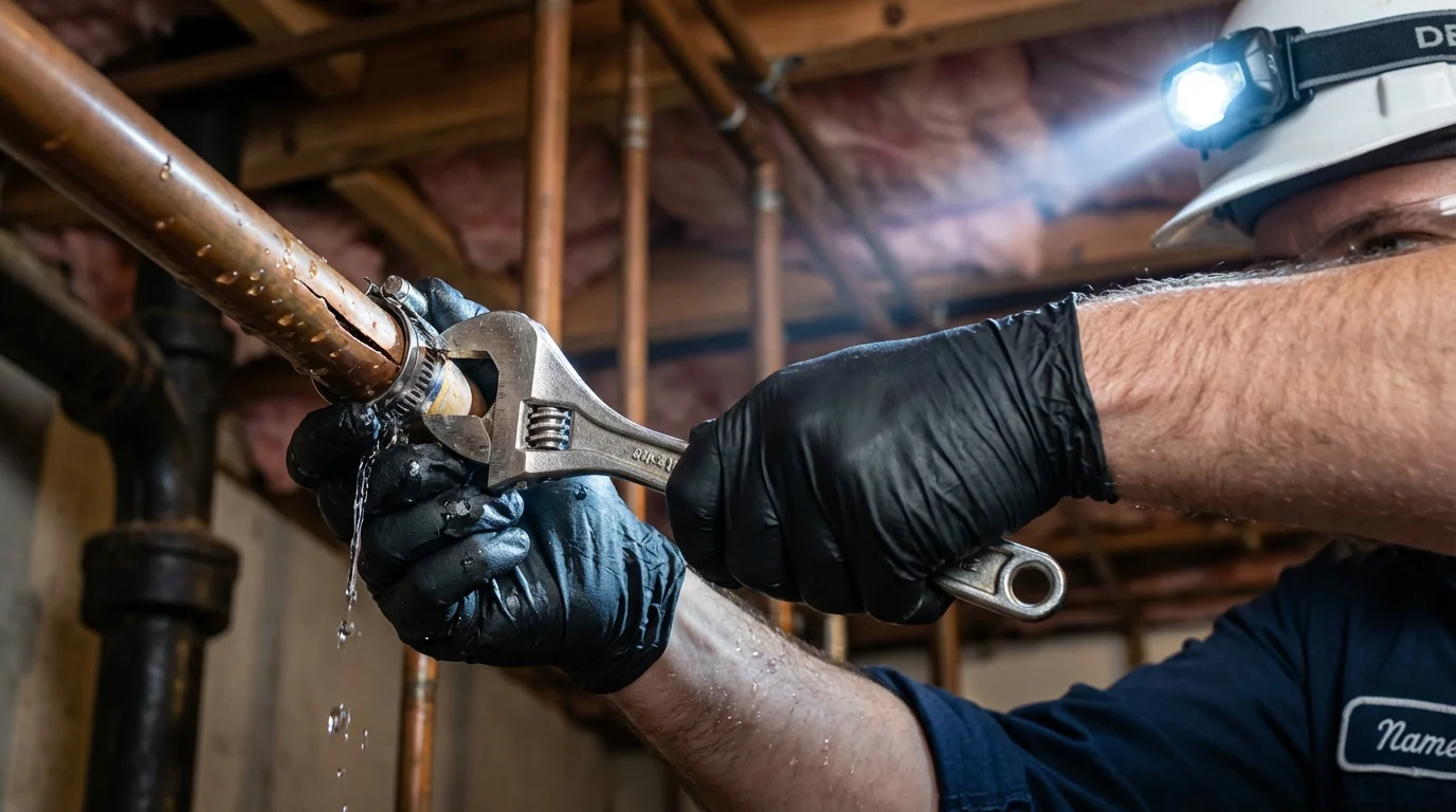 Emergency pipe clamp repair being performed by a Johns Plumbing LLC plumber in Kempner
