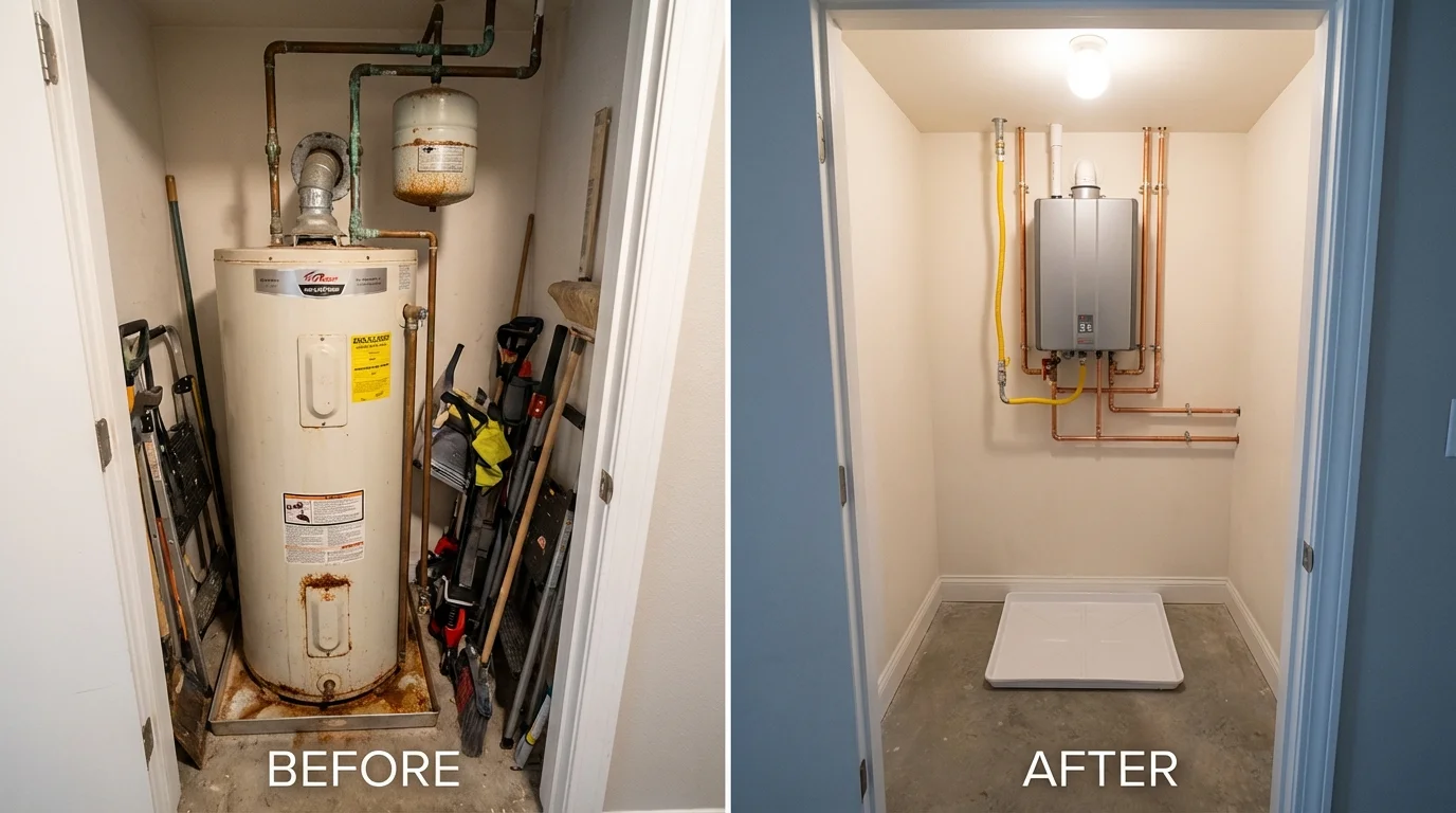 Tank water heater versus wall-mounted tankless unit comparison for Kempner, TX homeowners