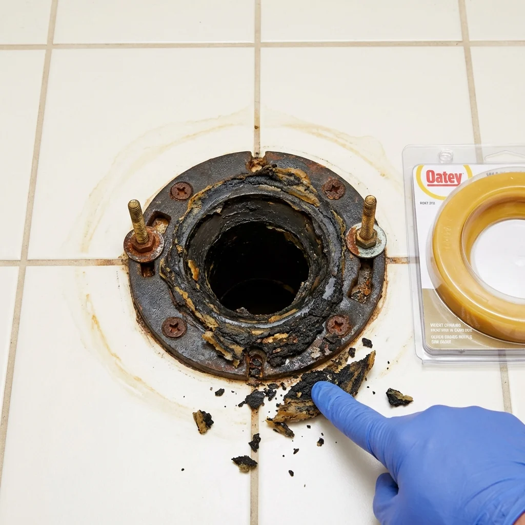 Failed wax ring showing water seepage at the base of a toilet in a Kempner, TX home