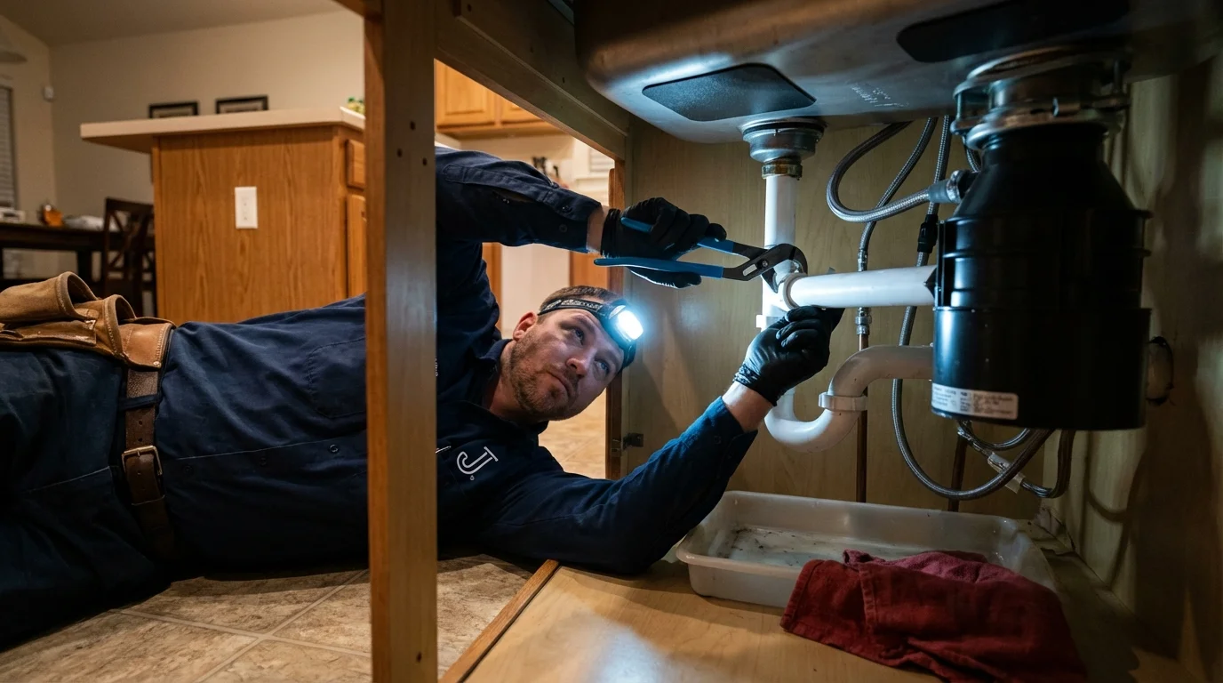 P-trap and supply line connections under a kitchen sink showing a common leak point in Kempner, TX